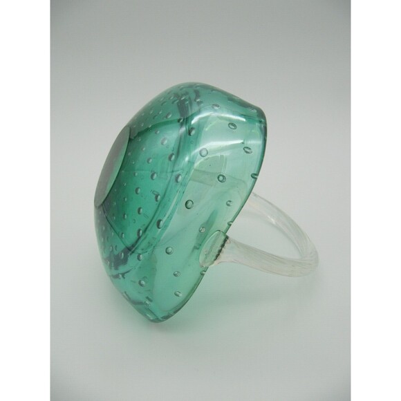 Iridescent Green with Controlled Bubbles Clear Handle Basket Art Glass 5"x5" - Picture 2 of 6